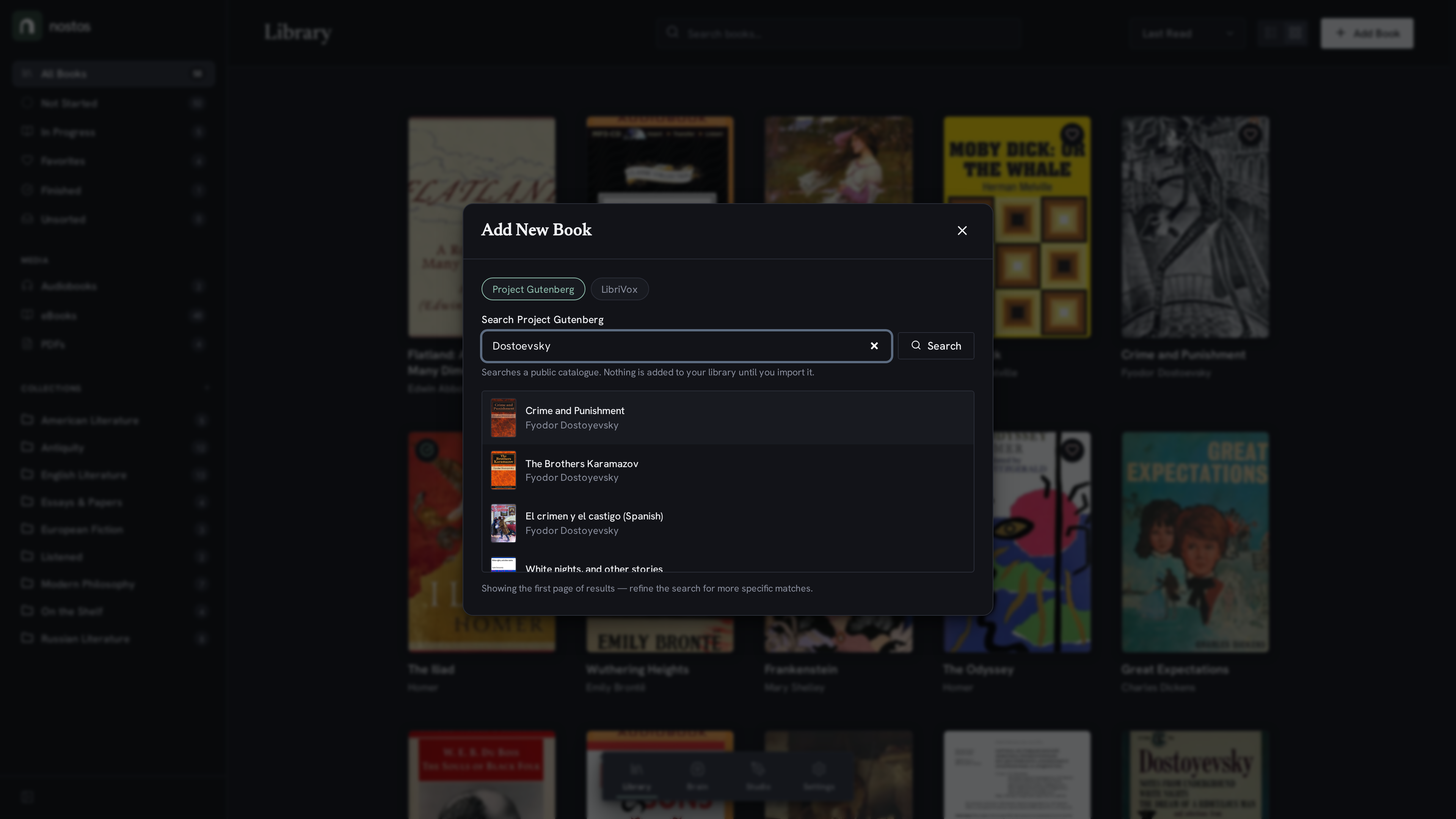 Add Book modal with Project Gutenberg search results dark mode
