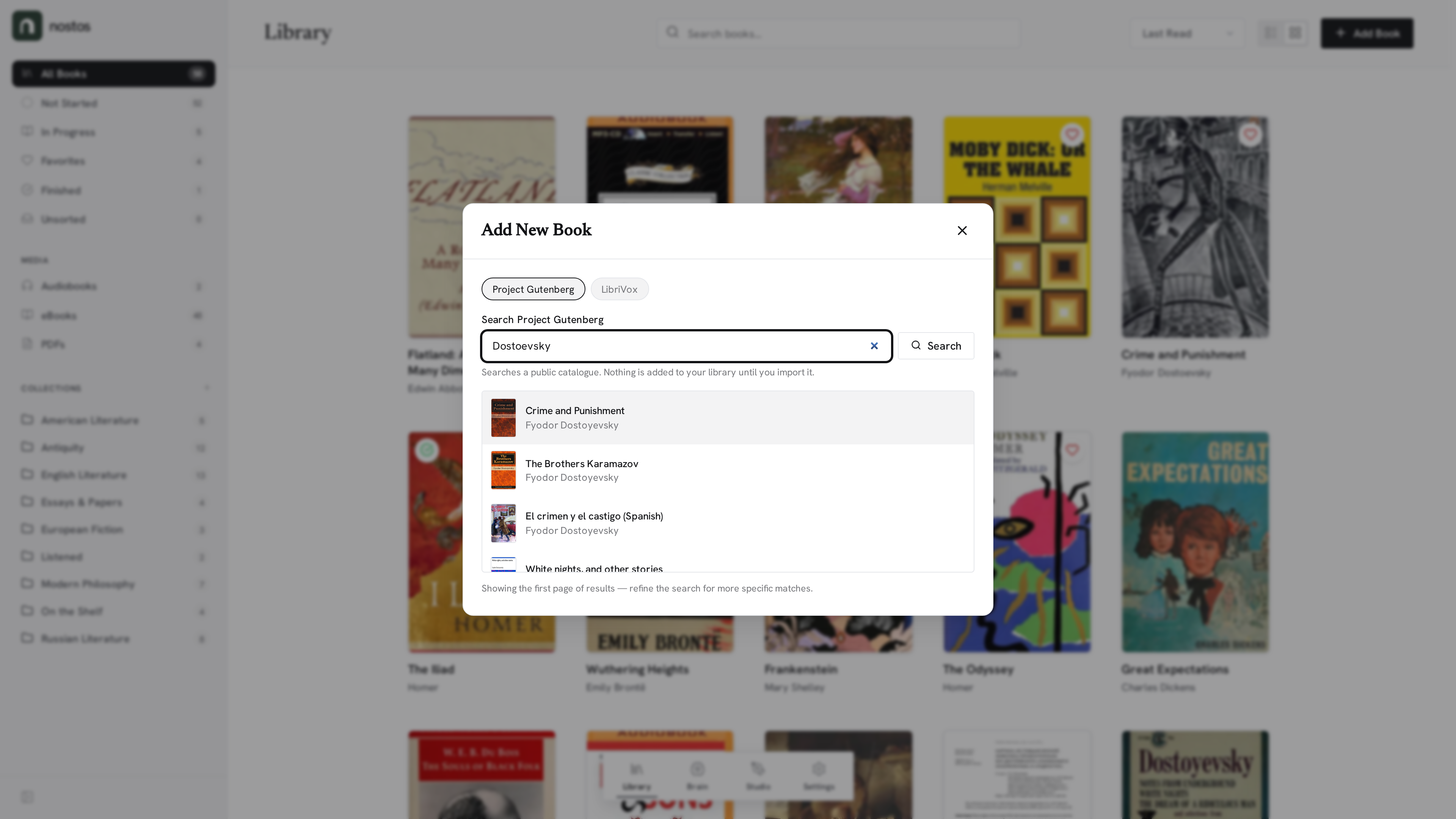 Add Book modal with Project Gutenberg search results