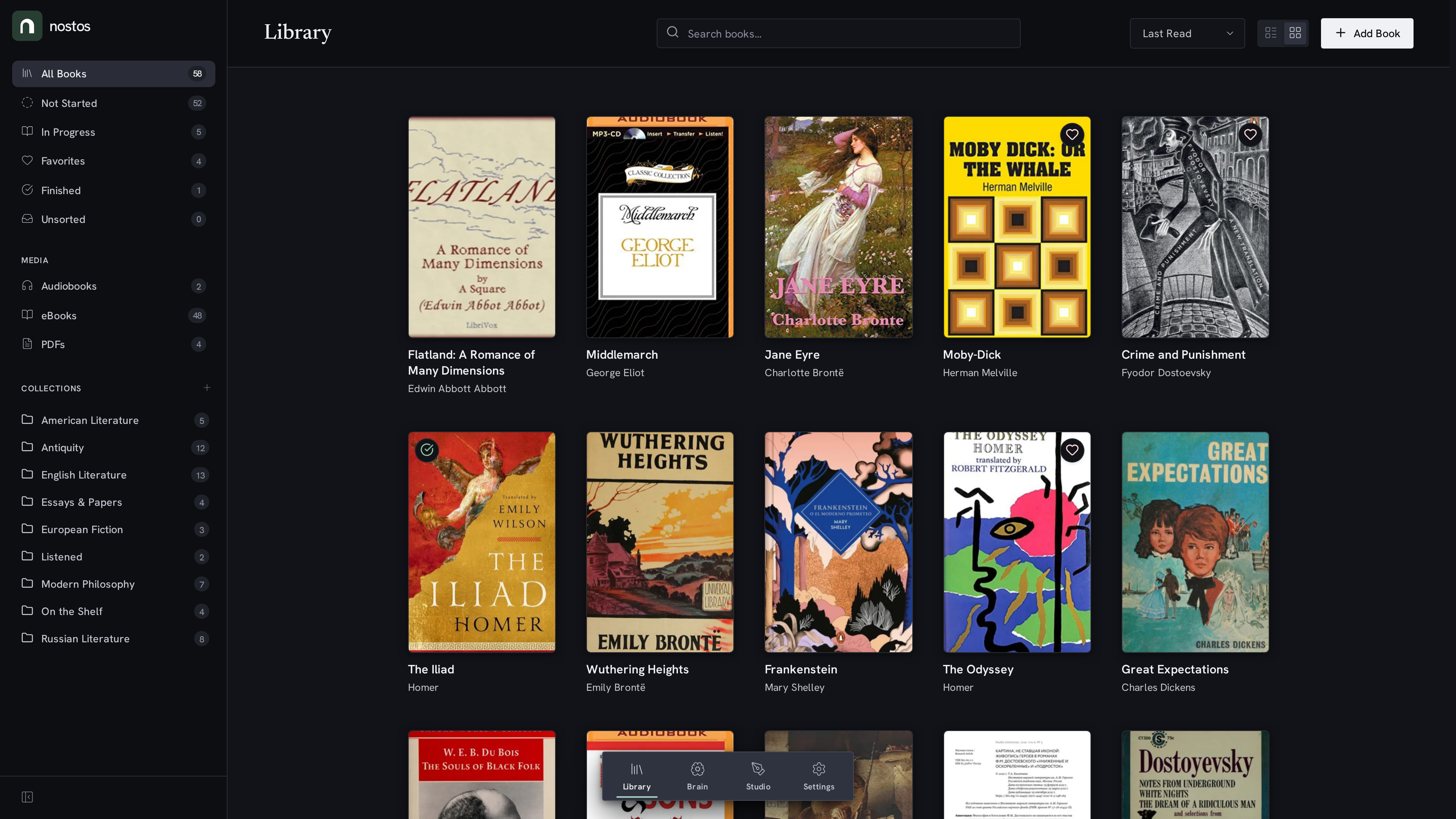 Nostos 1080p desktop library interface dark mode