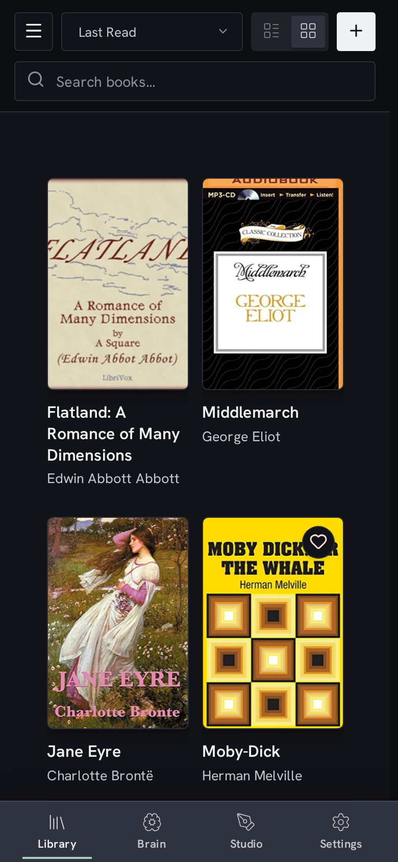 Nostos mobile library interface dark mode