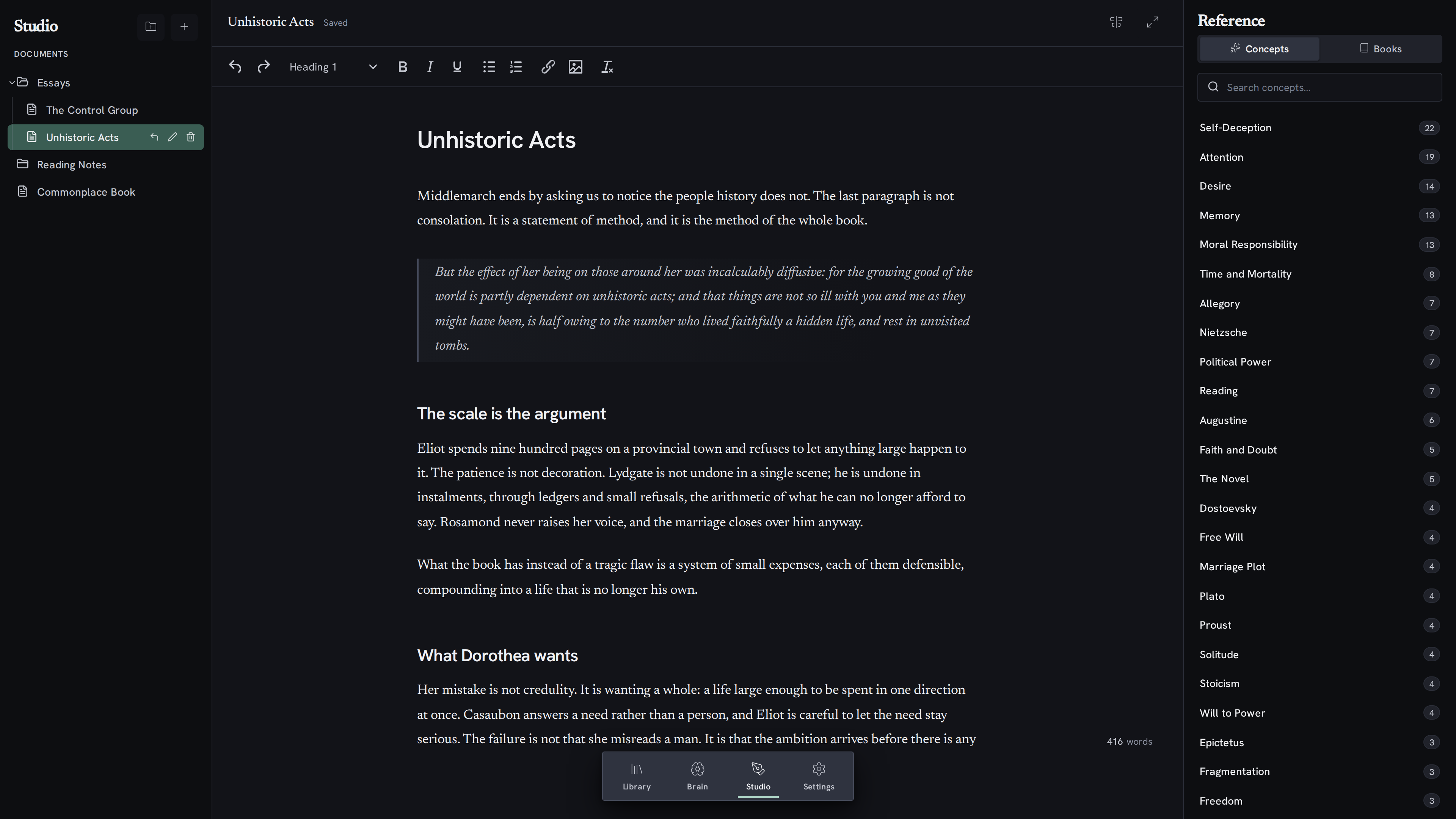 Nostos Writing Studio dark mode